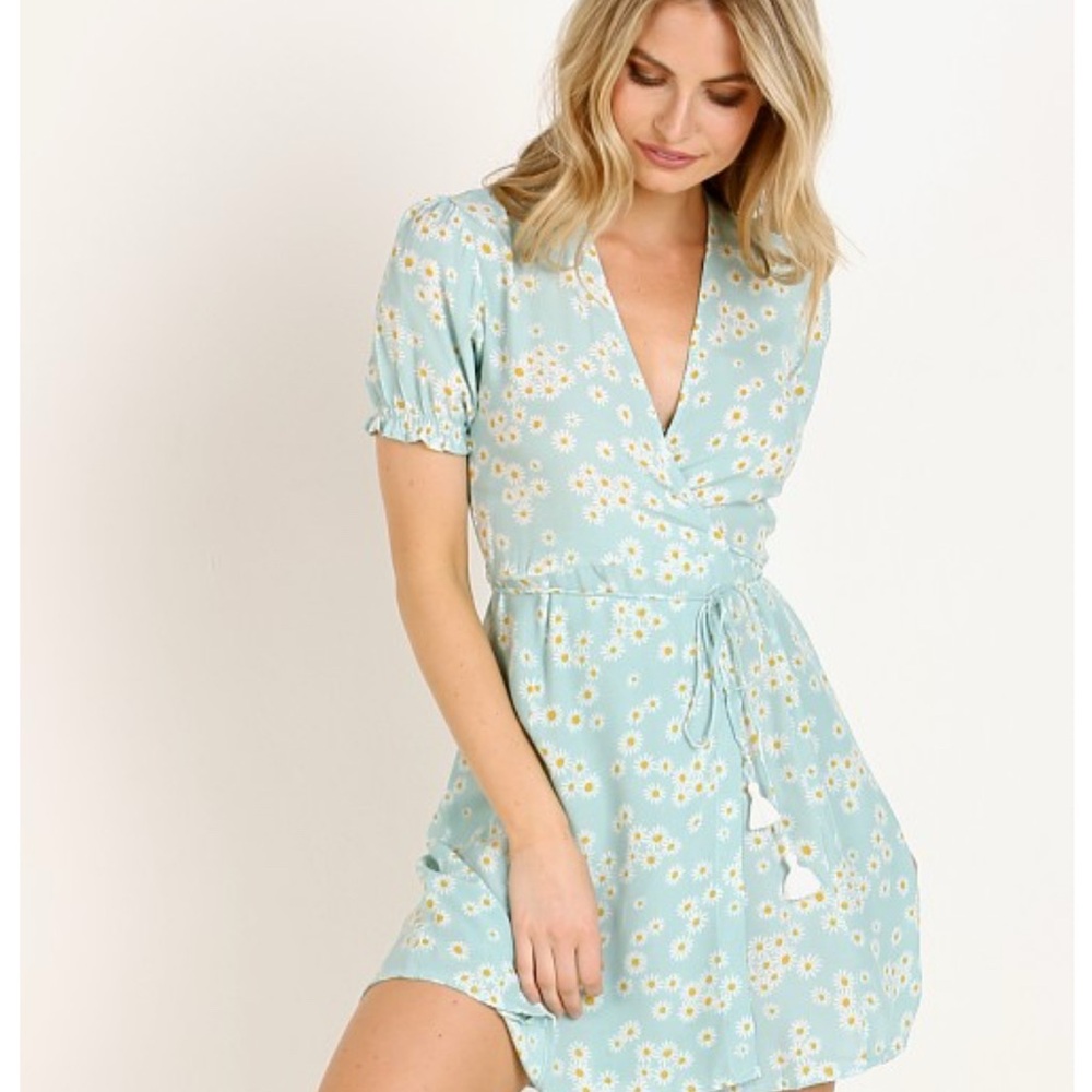 Faithfull the Brand Mira Daisy Print Mini Wrap Dress in Light Blue